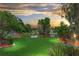 Scenic view of a backyard pond surrounded by lush landscaping and mature trees at sunset at 3026 Cedaridge Dr, Tampa, FL 33618