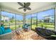 Relaxing screened patio featuring comfortable seating, a ceiling fan, and a view of the lush backyard at 4608 Emprise Way, Land O Lakes, FL 34638