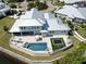 Aerial view of a luxury home showcasing the backyard pool, trampoline, patio and lush landscaping at 718 Pinckney Dr, Apollo Beach, FL 33572