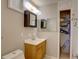 Functional bathroom with a vanity, mirror, and shelving for storage at 8701 N Packwood Ave, Tampa, FL 33604