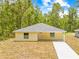 Charming single-story home features a light yellow facade, concrete walkway, and lush green forest backdrop at 19267 Wildwood Dr, Brooksville, FL 34601