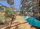 Pool featuring a screened enclosure, well-manicured landscaping, decorative tile, and inviting, crystal-clear water at 2439 Madrid Ave, Safety Harbor, FL 34695