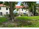 Exterior view of the backyard featuring well-maintained lawn, privacy fence, and lush landscaping at 2700 Bayshore Blvd # 544, Dunedin, FL 34698