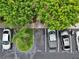 Overhead view of assigned parking for the condos, along with visitor parking spots, and mature trees at 2700 Bayshore Blvd # 544, Dunedin, FL 34698