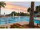 Evening shot of community lap pool, framed by palm trees and colorful flowers under a vivid sunset at 315 Blackrock Ln, Apollo Beach, FL 33572