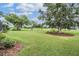 Sprawling green back yard with mature trees in golf course community on sunny day at 33744 Americana Ave, Dade City, FL 33525