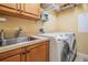 Functional laundry room with a washing machine, dryer, cabinets, sink, and countertop space at 33744 Americana Ave, Dade City, FL 33525