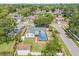 This aerial view shows a private pool in a fenced backyard in a neighborhood with lots of trees at 3502 King Richard Ct, Seffner, FL 33584