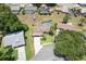 Aerial view of a home with a screened pool, lush lawn, and mature trees at 37147 Foxrun Pl, Zephyrhills, FL 33542