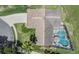 Aerial view showcasing the home's roof and the screened in pool at 37147 Foxrun Pl, Zephyrhills, FL 33542