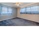 Simple bedroom with blue walls, blue carpet, and window with blue curtains at 5004 S Hesperides St, Tampa, FL 33611