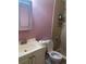 Modest bathroom featuring a vanity, toilet, and framed mirror over a sink, with pink walls at 7192 E Bank Dr, Tampa, FL 33617
