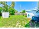 View of the home's backyard showcasing the well-maintained lawn, shed, fence, and exterior of the house at 10436 117Th Dr, Largo, FL 33773