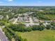This aerial view shows the neighborhood with a small lake and tree coverage at 10032 Basin St, New Port Richey, FL 34655