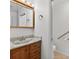 Bathroom includes vanity with oak cabinetry, marble countertop and framed mirror with updated lighting at 11001 Ridgedale Rd, Temple Terrace, FL 33617