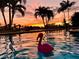 Backyard pool view with tropical landscaping and sunset reflecting off water at 11260 7Th E St, Treasure Island, FL 33706