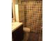 Bathroom featuring vanity with dark wood cabinets and colorful patterned shower curtain at 12411 Brookside St, Spring Hill, FL 34609