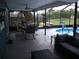 Spacious screened-in pool area with outdoor seating and a tranquil backyard view at 12411 Brookside St, Spring Hill, FL 34609