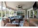 Covered outdoor living space with comfortable seating, outdoor kitchen, and pool access at 2800 Resnik W Cir, Palm Harbor, FL 34683