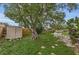 The fenced backyard features a large shade tree, storage shed, and patio with outdoor seating at 4143 Gray Squirrel Ln, New Port Richey, FL 34653