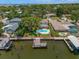 Expansive backyard with a pool, patio and waterfront access with a private dock in this aerial view at 4146 Harbor Hills Dr, Largo, FL 33770