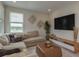 Comfortable living room with a large window overlooking a serene lake view at 4644 San Martino Dr, Wesley Chapel, FL 33543