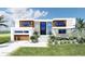 Contemporary two-story home features a modern design with a two-car garage, beautiful front yard, and eye-catching curb appeal at 7849 Marsh Pointe Dr, Tampa, FL 33635
