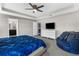 Spacious main bedroom with tray ceiling, ceiling fan, natural light, carpet, and a seating area at 11940 Stone Pine St, Riverview, FL 33569