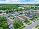 An aerial view of a neighborhood showcasing a house with a well-manicured lawn and mature trees at 18419 Merseyside Loop, Land O Lakes, FL 34638