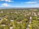 Scenic aerial view of a lush residential neighborhood with mature trees and a glimpse of the bay in the distance at 2140 Bow Ln, Safety Harbor, FL 34695