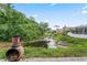 Backyard with pond, greenery, and chiminea on concrete block patio at 277 Wood Dove Avenue, Tarpon Springs, FL 34689