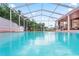 Clear view of a pool with white screening, clear blue water, and lush green trees in the background at 277 Wood Dove Avenue, Tarpon Springs, FL 34689