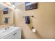 Standard bathroom with white sink and vanity; artwork is hung on the wall at 3350 Fox Hunt Dr, Palm Harbor, FL 34683