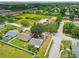 Aerial shot of the residential neighborhood featuring houses with mature trees and green spaces under a blue sky at 4108 Woodtrail Blvd, New Port Richey, FL 34653