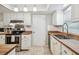 Bright kitchen features wood countertops, white cabinets, and stainless steel appliances at 4108 Woodtrail Blvd, New Port Richey, FL 34653