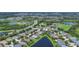 Aerial view of neighborhood featuring houses, a pond, green space, a tennis court, and mature trees at 5830 100Th E Ave, Parrish, FL 34219