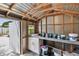 Shed interior featuring built-in shelving with gray work top for home projects at 5934 51St N Ave, Kenneth City, FL 33709