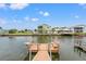 Waterfront property featuring a private wooden dock with seating and access to the canal at 7401 Islander Ln, Hudson, FL 34667