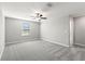 Bedroom featuring plush carpeting, a ceiling fan, and a large window for natural light at 8918 Parsons Hill Blvd, Wesley Chapel, FL 33545