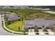 Wide aerial view featuring a well-kept lawn, modern roofs, and scenic neighborhood landscape at 10282 Echo Dock Loop, San Antonio, FL 33576