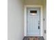 Welcoming home entrance with a light blue front door and a decorative pineapple welcome mat at 10282 Echo Dock Loop, San Antonio, FL 33576