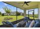 Relaxing screened patio features a ceiling fan and comfortable seating with a lovely view of the green lawn at 10282 Echo Dock Loop, San Antonio, FL 33576
