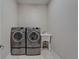 Functional laundry room equipped with stainless steel washer and dryer and a utility sink at 13102 Done Groven Dr, Dover, FL 33527