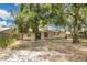 Backyard view showcases a small patio and grassy area with mature trees providing shade at 1600 Amberlea N Dr, Dunedin, FL 34698