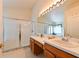 Bathroom with walk-in shower, dual sinks, wood cabinets, and a large mirror with decorative lighting at 19309 Seacove Dr, Lutz, FL 33558