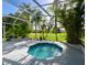 Exterior image of a caged-in patio with a hot tub and a beautiful green lawn at 19309 Seacove Dr, Lutz, FL 33558