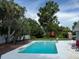 Backyard pool area with lounge chairs, mature palm trees, and lush landscaping surrounding the clear blue water at 2005 Capri Rd, Valrico, FL 33594