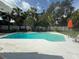 A bright turquoise pool on a sunny day with outdoor seating and a lush green perimeter at 2005 Capri Rd, Valrico, FL 33594