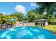 This backyard pool features a clear-blue finish, a pool shed, and a fully fenced yard at 211 Arlington E Ave, Oldsmar, FL 34677
