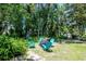 Backyard featuring mature trees, green grass and turquoise chairs surrounding a round table with cover at 23924 Forest Pl, Land O Lakes, FL 34639